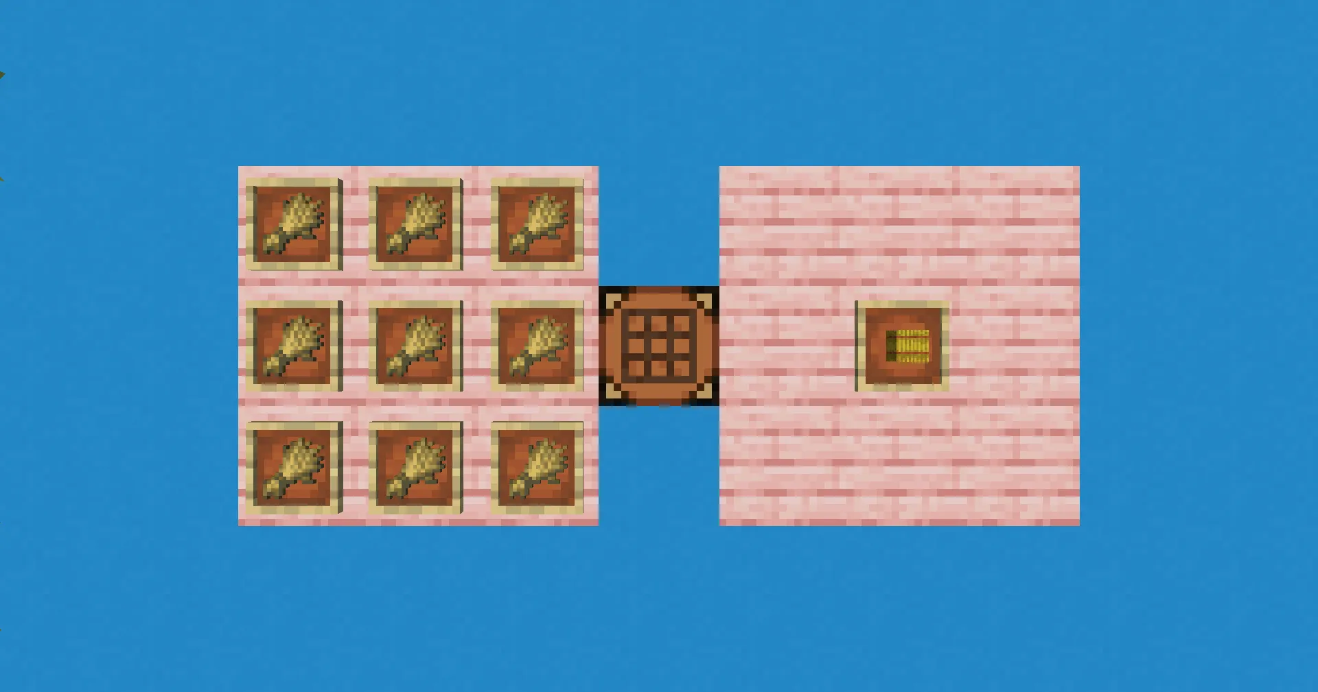 Crafting: Arrange 9 units of wheat in a 3x3 pattern on a crafting table.