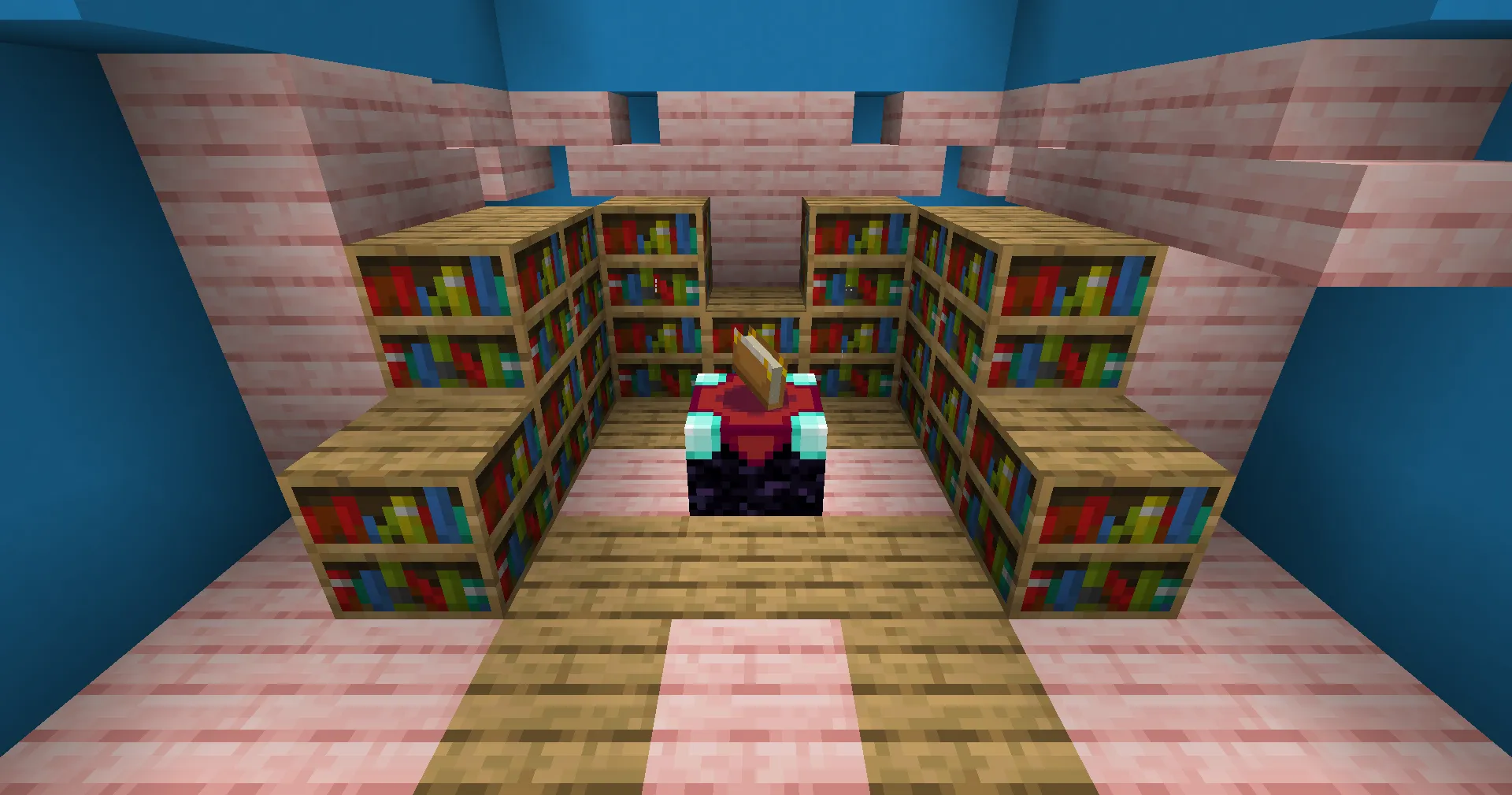 Create an enchantment table and place it. Surround the table with bookshelves to increase the available enchantment levels.