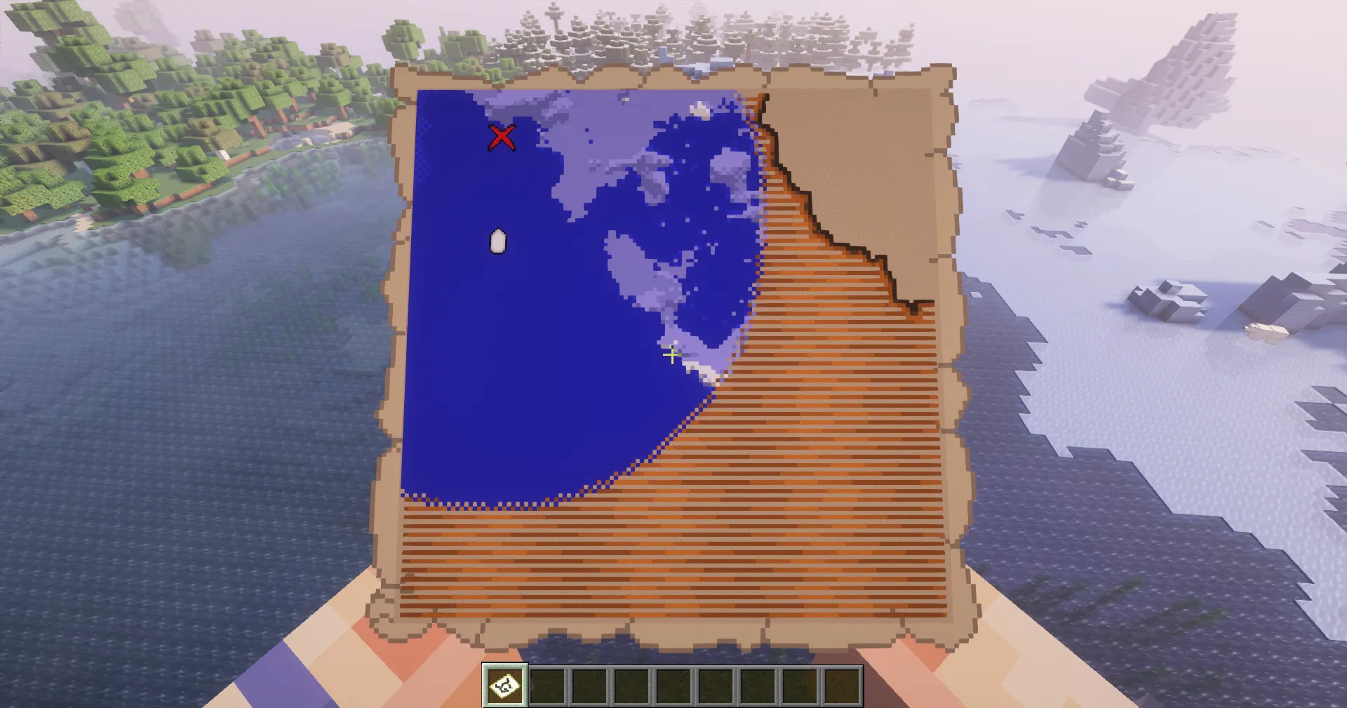 Once you reach the red X, stop and begin digging. Treasure is usually buried in sand or gravel.